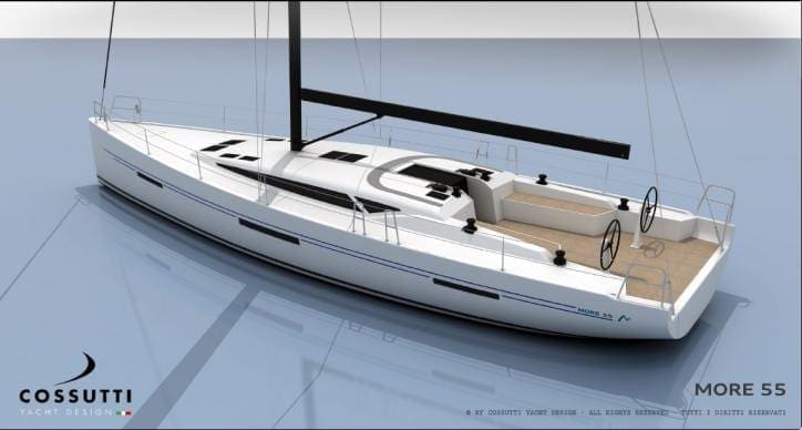 Overhead view of a sailing yacht cockpit showing the teak sole, wheel, and winches — the cockpit is the recessed working area from which the helm and sail controls are operated