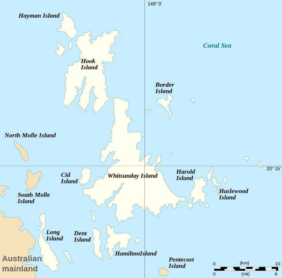 Nautical chart of the Whitsunday Islands showing soundings, named islands, shipping lanes, and the Coral Sea — a nautical chart is a map of a body of water showing depths, hazards, and navigation aids